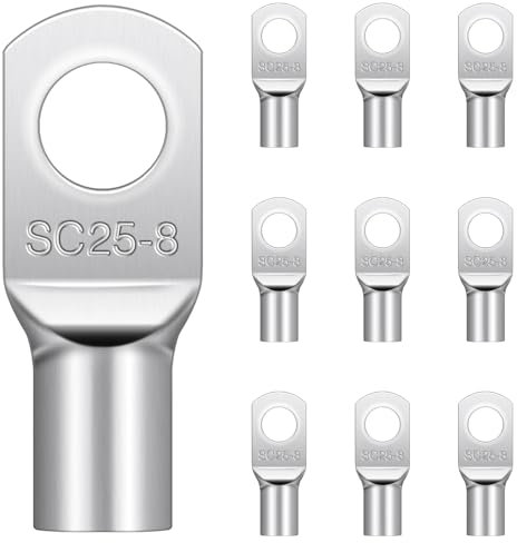 10 Pcs Cable Lugs M8, Hanibos SC25-8 Copper Tube Battery Cable Ends Lugs Battery Terminals Connectors Tinned Copper Crimp Lugs