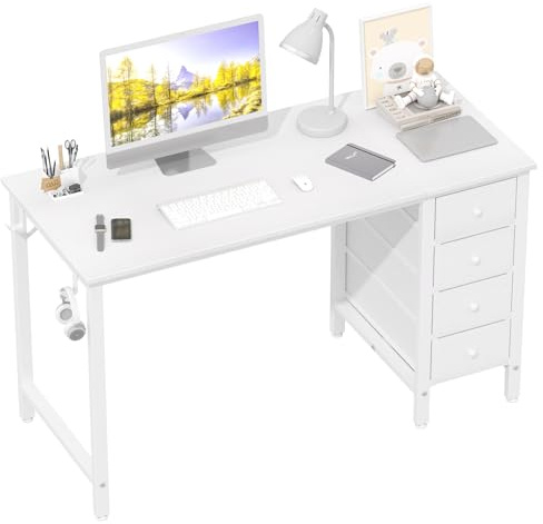 Lufeiya White Computer Desk with Drawers, 47 Inch Reversible Study Work Writing Desk for Home Office Bedroom, Simple Modern Cute PC Desks with Fabric Drawer, White