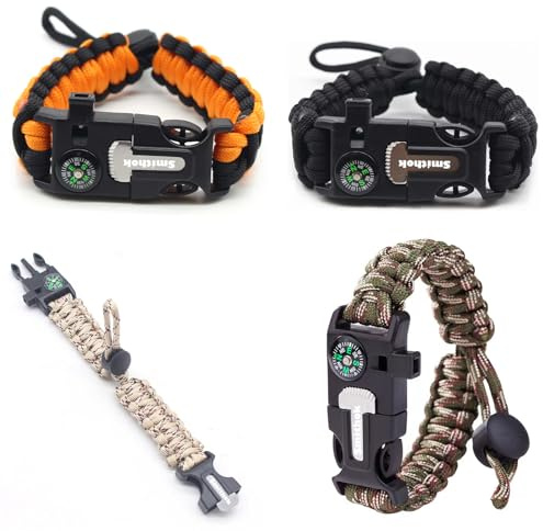 Smithok Paracord Survival Bracelet-Length Adjustable,Loud Whistle Emergency Compass Survival Fire Starter Scraper Accessories for Hiking and Camping and Hunting 4-Pack(Muti-Color)
