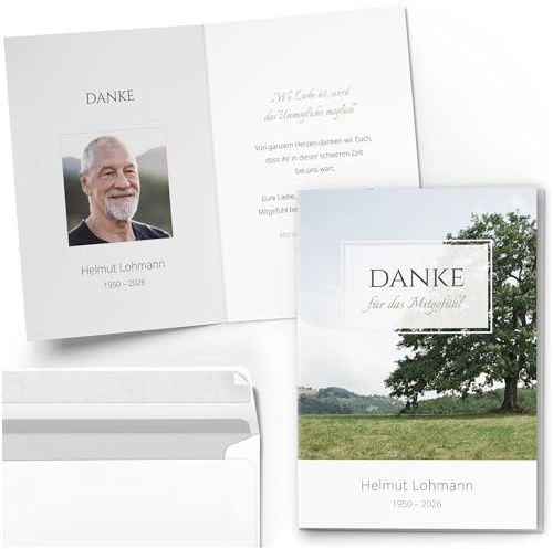 Einladungskarten Manufaktur Hamburg Danksagungskarten Trauer personalisiert Dankeskarten mit eigenem Text und Foto | 10 Danksagungen mit Umschlag | Danke für das Mitgefühl Baum Wiese Natur Land