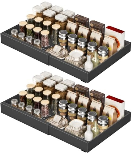 YheenLf 2 Stück erweiterbar ausziehbare schublade küche mit Kleber, Tiefe 42cm schrank organizer, Slide Out teleskopschublade Cabinet für Küche Organisation Einstellbare Breite 32-52cm, Schwarz