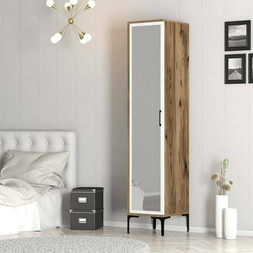 Dmora Armadio Multiuso 1 anta Acrux, Pensile bagno o cucina, Armadio Alto multifunzione, Mobiletto Multiuso, 40x48h201 cm, Noce e Bianco