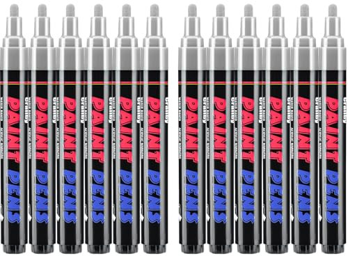 Craiiby Silver Paint Pens Paint Markers - 12 Pack Permanent Quick Dry Waterproof Marker Pens for Rocks Wood Fabric Plastic Canvas Glass Mugs Metal Tire Stone
