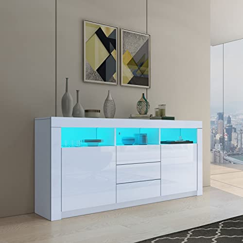 160cm Sideboard Wohnzimmer Anrichte Schrank Hochglanz Highboard mit 2 Türen 3 Schubladen und LED Beleuchtung TV Lowboard für Esszimmer Schlafzimmer Weiß