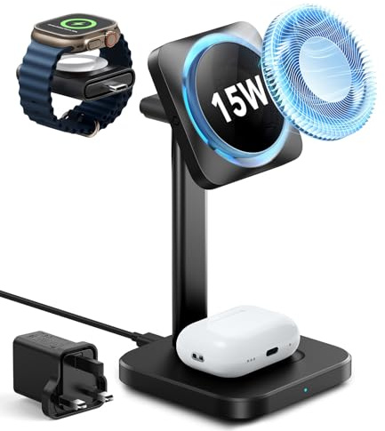 ESR for 3 in 1 Wireless Charging Station with CryoBoost, [Certified] Apple Watch Charger & 15W Charger Stand, Phone-Cooling Wireless Charger, for iPhone 17/16/15/14/13, Watch & AirPods, Black