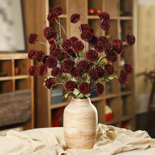 LEUCHTAMOR 6 Stück Künstliche Kiku Blume Burgunderrot kleine Chrysanthemen Blumen Mini Chrysantheme Ball Stiel für Blumenarrangements, Tischaufsätze, Blumenstrauß, Party, Hochzeit