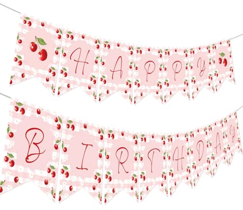 Pancarta de feliz cumpleaños de cereza, decoración de fiesta de cumpleaños rosa a cuadros rojos de cerezo rojo, pancarta de fiesta temática de frutas para niñas y mujeres, suministros de fiesta de