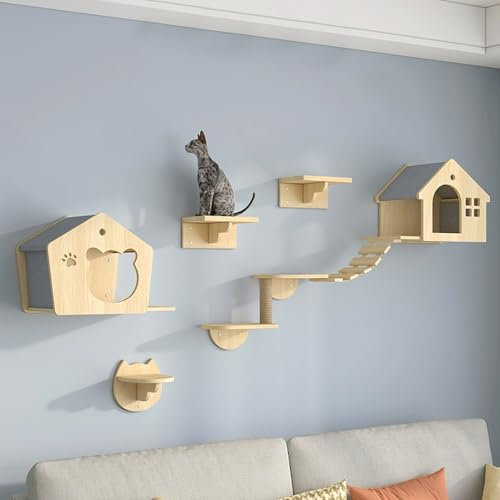 YLLSMGS Kletterwand Katzen, Katzen Wandelemente, 7-in-1-katzenbaum-Set, Katzen Wand DIY-Möbelspielplatz aus Massivholz für Den Innenbereich mit Haus, Brücke, Stufen und Kratzbaum