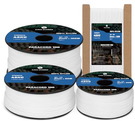 Kamu Synber 2mm Paracord 15m 100% Nylonrep 1 Tråd Typ I för Camping, Armband, Utomhus | Stöd 45kg | Vit