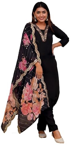 Yashika Pantaloni da donna con cuciture in misto cotone con stampa e ricami | Set Kurta | Kurti per donna, nero, S