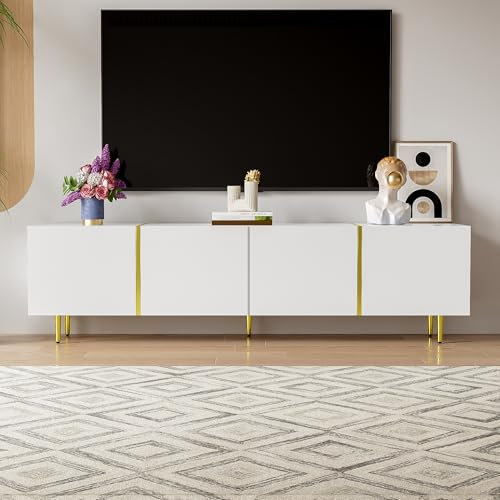 Modern High Gloss TV Stand with 4 Doors 170cm White Lowboard Gold Legs Stylish Living Room Furniture Contemporary TV Unit Sideboard Storage Cabinet