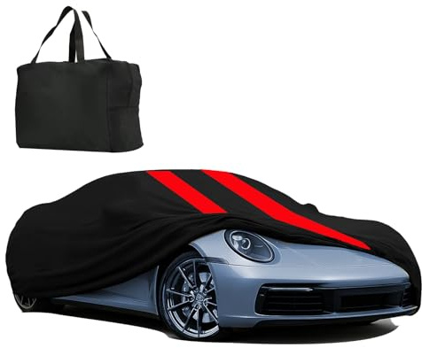 Autoabdeckung Indoor Stretch für 450-500cm Sportwagen Auto Abdeckplane Winter Staubdichte Autogarage Abdeckung Atmungsaktiv Tiefgaragen- und Autoshow-Geeignet (Schwarz + Rot)
