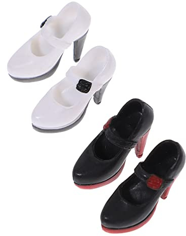 Puppen High Heel Schuhe aus Kunststoff, 2 Paar für 30cm Puppen | Schwarz Rot, Weiß Schwarze Sohle, mit Riemen, Zubehör für Spielzeugpuppen