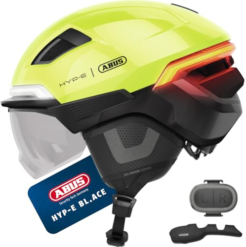 ABUS Fahrradhelm HYP-E BL.ACE - mit Front-, Rück- und Blinklicht sowie kabellos zu aktivierendem Bremslicht - mit Visier und Ohrenschützern - für Fahrrad, E-Bike und S-Pedelec