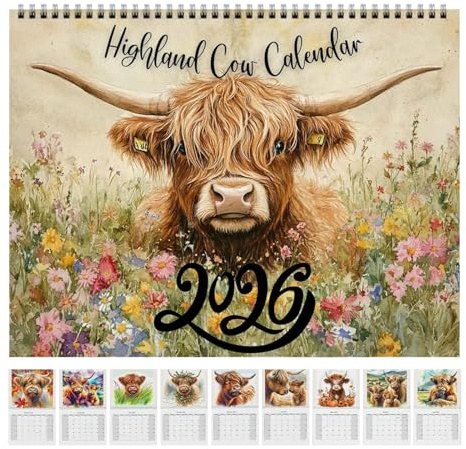 Highland Cow Calendar 2026, 22X28CM Scottish Highland Cow Wall Calendar 2026, Cute Animal Highland Cattle Family Monthly Calendar, Funny Scottish Highland Cattle Wall Planner, for Home Decor