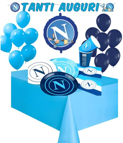 Kit Festa di Compleanno Napoli Calcio - Set 24 ospiti con Bicchieri, Piatti, Tovaglioli, Festone, Tovaglia, Palloncini Blu, Celesti E Mylar- Decorazioni Tavola e Party a Tema