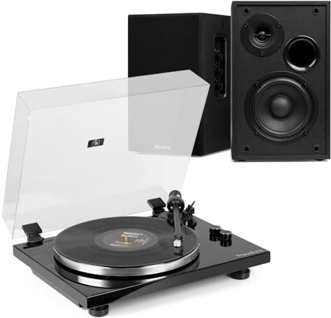 Audizio Toledo Bluetooth Record Player & HiFi Bookshelf Speakers Complete Home Audio System, Modern Turntable with RCA/BT Out, Stereo Sound, Remote, Black