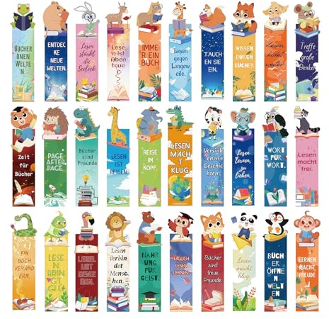 THXFUNAREA 30 Stück Tier Lesezeichen auf Deutsch, 30 Einzigartige Designs ohne Wiederholung, Lustige Lesezeichen für Kinder, Schüler und Buchliebhaber, Perfektes Geschenk für Lesebegeisterte