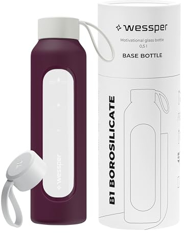 Wessper Botella Agua Cristal, 500ml, Botellas Motivadora - Burdeos | botella de cristal para agua, Escala de Hidratación, Botellas de Vidrio Borosilicato con Funda de Silicona, sin BPA