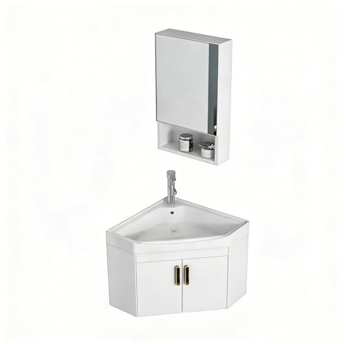 GdloWOoc Moderno Lavabo Angolare da Parete, Mobiletto Bagno con Rubinetto Specchio Contenitore Ante, Salvaspazio Slim Mobiletto sotto Lavabo Bagno per Piccoli Spazi(White)