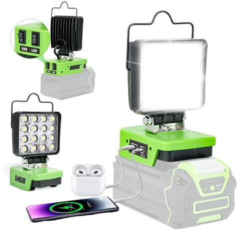 GZYZ LED-batteri lampa kompatibel med Greenworks 40 V, 48 W 4 200 LM trådlös arbet, bärbar LED-strålkastare strålkastare byggarbetsplat med USB & typ C för camping, garage (utan batteri)
