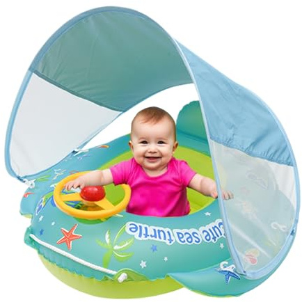 Baby-Schwimmbecken – Baby-Schwimmbecken mit Baldachin | Sicherheit Sonnenschutz aufblasbare Cartoon PVC gepolsterte Badewanne Sitz Spielzeug für 1-4 Jahre alte Mädchen Fluss See Boot