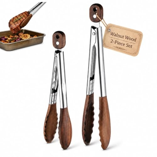 JOINPAYA Walnut Serving Tongs Set 2 Pcs Wooden Tongs for Cooking | Serving Food Stainless Steel Kitchen Tongs with Lock Handle 9 Inch and 12 Inch for Salad Pasta Bbq Buffet