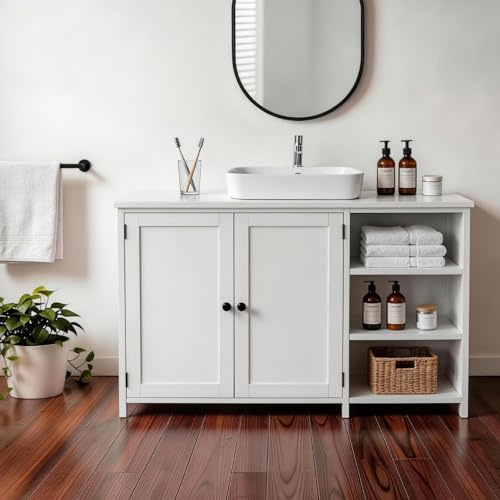 Bonnlo White Under Sink Bathroom Cabinet - 90cm Bathroom Sink Cabinet with 2 Doors & 3 Adjustable Shelves, Under Sink Storage Unit for Bathroom