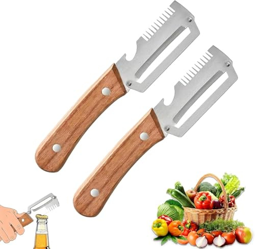 2 Stück Multifunktionaler Gemüseschäler für die Küche, 3-in-1-Schäler, Flaschenöffner und Julienne Schäler, mit rutschfester Holzgriff, robust, Geeignet für Gemüse oder Obst, das geschält werden muss