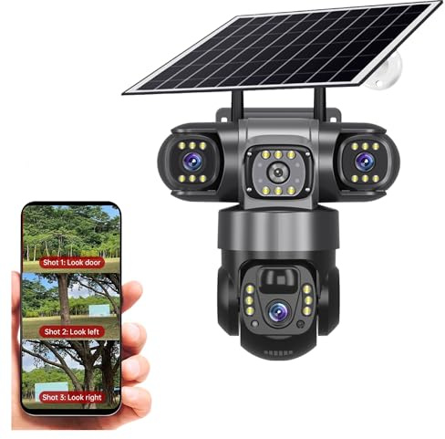 MEIVIYA Telecamera Solare 4G SIM da Esterno 3 Lenti Tre schermi Webcam PIR Rilevamento Umano CCTV Video di Sicurezza Batteria PTZ IP Camara(6MP 5X Cam 64G)