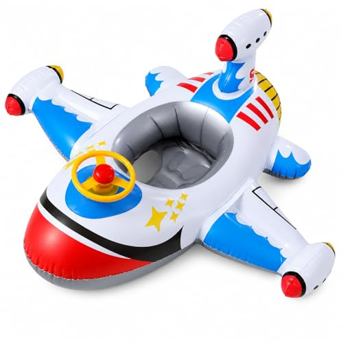 eBoutik - Summer Swimming Pool Holiday Inflatable Airplane Float, Fun Ride-On Toy With Wheel and Handle, for Toddlers, Outdoor Water Beach Games (White)