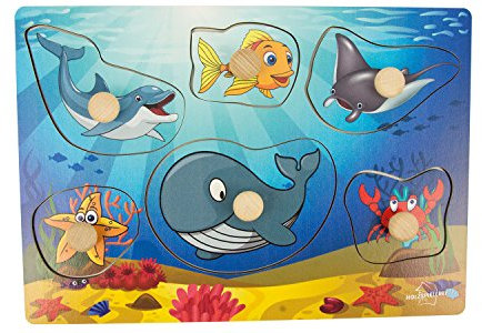 Holzspielerei Greif-Puzzle Meerestiere 2 aus Holz, mit 6 Teilen - Holzpuzzle, Steckpuzzle mit Seepferdchen, Schildkröte, Hai, Fisch, Oktopus und Wahl für Kinder ab 1 Jahr
