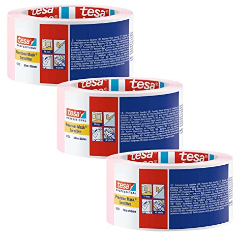 tesa Crêpe de précision 4333 Sensitiv - Pack de 3 - Crêpe de peintre pour masquer les surfaces délicates à l'intérieur - ruban de peintre ultra-plat - rose clair - 50 m x 50 mm chaque