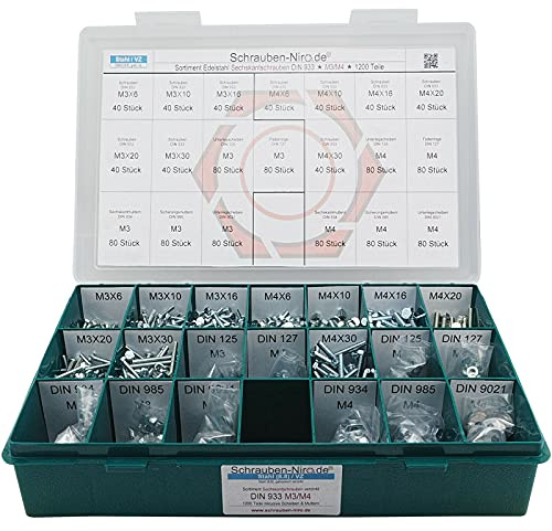 Set DIN 933 Sechskantschrauben M3+M4 galv. verzinkt 8.8 Muttern + Scheiben | Sortiment M3 + M4 DIN 933 Stahl Gewinde bis Kopf Unterlegscheiben (DIN 125, 127, 9021) Muttern (DIN 934, 985) - 1200 Teile