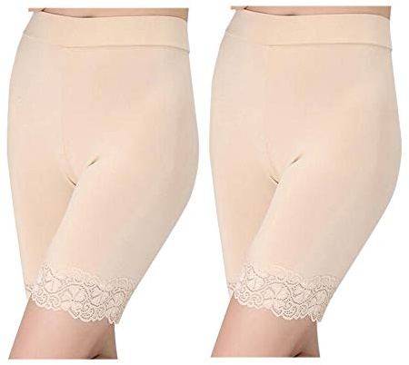 Women's Control Brief Underskirt Long Panties Underwear with Elastic Lace Knickers, Beige, One size