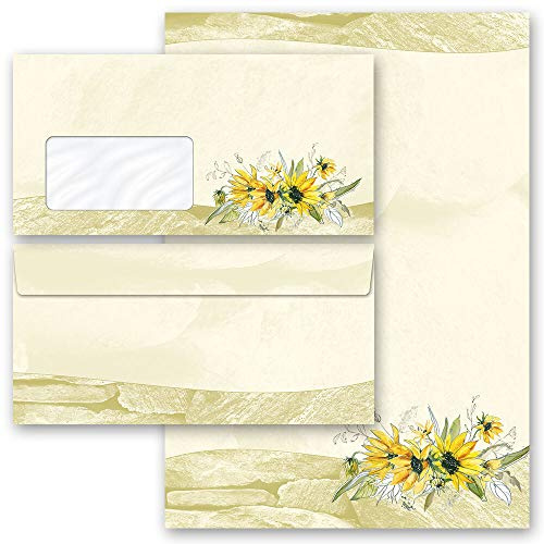 Briefpapier Sets Motivpapier Natur Blumen & Blüten, GELBE SONNENBLUMEN 100 Blatt Briefpapier + 100 passende Briefumschläge DIN LANG mit Fenster | Paper-Media