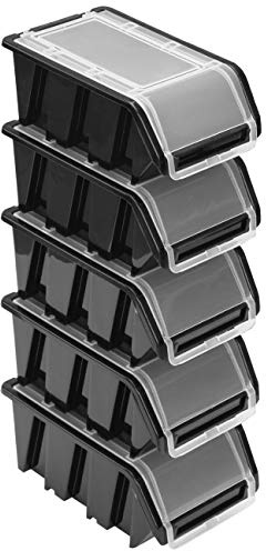 Stapelboxen Set – 5x Stapelbox mit Deckel 155x100x70 mm – Sichtbox Stapelbox Lagerbox, Schwarz