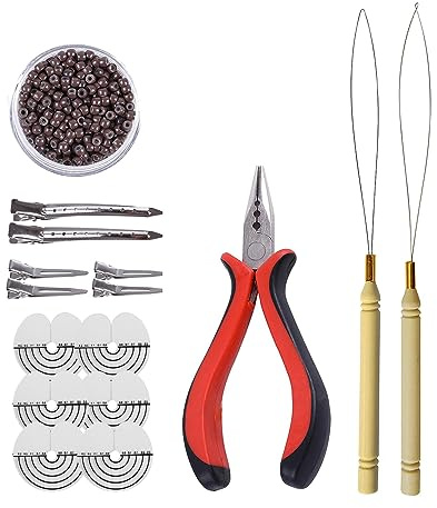 Hair Extensions Tools Kit: 3 holes Hair Pliers, Pulling Needle Loop Threader and 500 Pieces 3.0mm Silicone Lined Nano Beads Rings (Brown)
