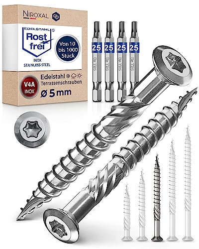 Torx - Lot de 1000 vis à bois de 5 x 60 mm et 4 embouts hexagonaux correspondants - Pour terrasse - En acier inoxydable A4 - Avec tête bombée - Encoche de coupe et nervures d’épluchage pour bois