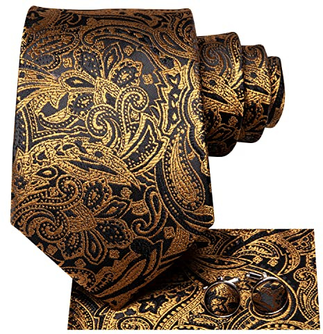 Hi-Tie Mens Gold Black Tie Set Silk Necktie Woven Paisley Ties with Pocket Square Cufflinks Set for Wedding Party