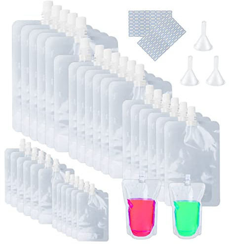 GZhaimai 80 Pezzi Sacchetti per Bevande, Sacchetti per Succo Riutilizzabili, con 3 Imbuto und 3 Etichetta, per Vino, Succhi, Esterni, Feste(100/200/300/380/500ml)