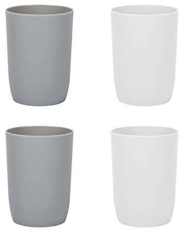Topsky Set 4 Bicchieri Denti, plastica, Adulti, Adolescenti, Bambini (280ml, Grigio + Bianco). Pratici, sicuri, Lavabili, Perfetti per Viaggi e Uso Quotidiano.