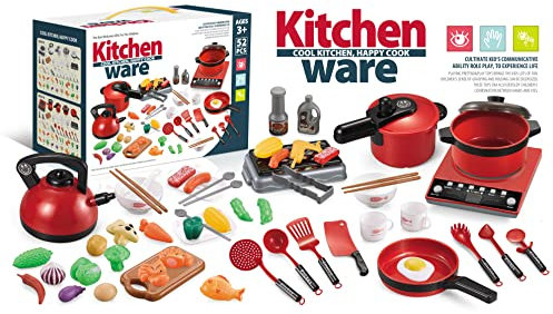 Flex Kitchen Pretend Play Toys, 52 PCS Cooking Toy Set with Cookware Pots & Pans, Utensils, Vegetables and more Chef Role Play for Boys, Girls, Toddlers 3+ Years (52 PCS)