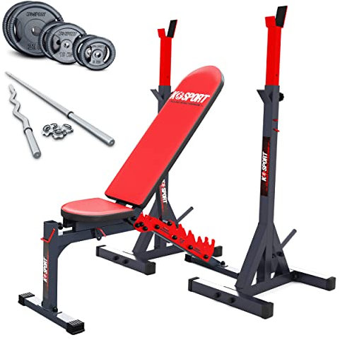 K-Sport: Hantelbank Set mit Langhantelablage, SZ-Stange, Langhantel inkl. 70kg Gewichte | Trainingsbank verstellbar | verstärkte Hantelablage | ø30mm Gewichtsscheiben | Trainingsset für Dein Home Gym