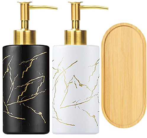 Soap Dispenser Set,320 ml Detergent Dispenser with Tray,Marble Style Soap&Lotion Refillable Liquid Glass Bottle,Shampoo Lotion Bottle with Pump for Laundry Room Kitchen and Bathroom Decoration