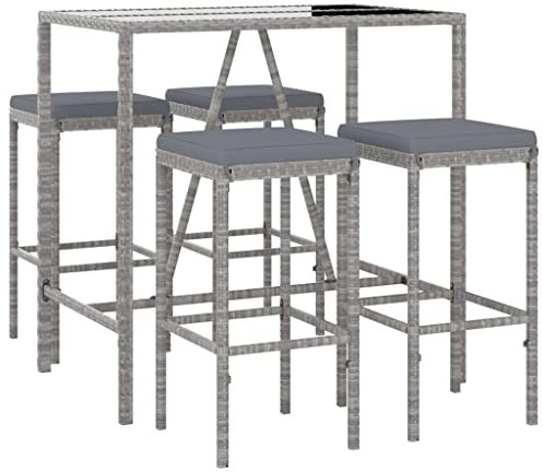 vidaXL Gartenbar Set 5-TLG., Gartenmöbel Bartisch 4 Barstühle, Stehtisch Barhocker für Garten Terrasse, Sitzgruppe Gartenset mit Kissen, Grau Poly Rattan