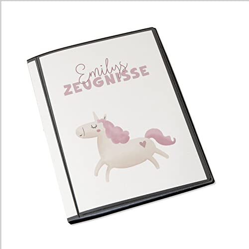 HeLLo mini Personalisierte Zeugnismappe Kinder - Personalisiertes Geschenk zur Einschulung - inkl. 20 Klarsichthüllen DIN A4 - Zeugnismappe Mädchen - Zeugnismappe Junge - hellomini (Einhorn)