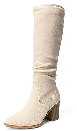 DREAM PAIRS Women's Slouchy Knee-High Chunky Heel Boots,Size 8.5,Beige