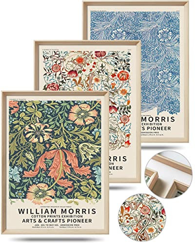 UPWOIGH Framed Wall Art(No Plexiglass), William Morris Wood Canvas Wall Art,30x40CM Aesthetic Cotton Pattern Vintage Wall Decor Poster, Colorful Plants Flowers Neutral Wall Decor Set of 3