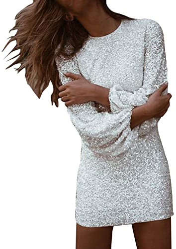 Glitzer Kleid Damen Langarm,Bodycon Kleid Damen Abendkleid,Partykleid Damen Sexy Mini Kleider Rundhals Winterkleid Pailletten Kleid A Linie Cocktailkleid Frauen Party Minikleid Bleistiftkleid